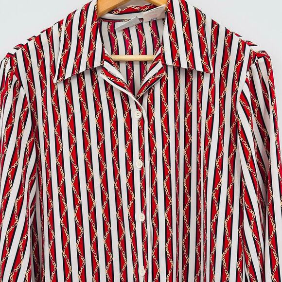 Vintage Stephanie K Koret Gold Chain Red White Striped Button Down Blouse Medium - Picture 2 of 8